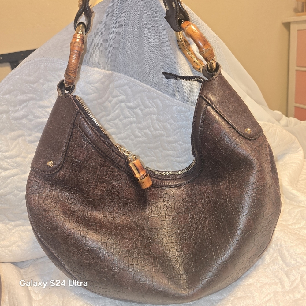 GUCCI Bamboo Ring, Horsebit Embossed  Brown Leather  Hobo  Bag